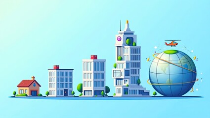 city skyline with globe