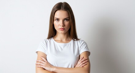 Obraz premium Young Woman with Long Brown Hair Wearing White T Shirt Standing Calm in Neutral Studio Background