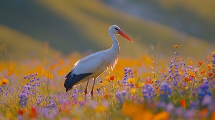 Stork in vibrant flower meadow