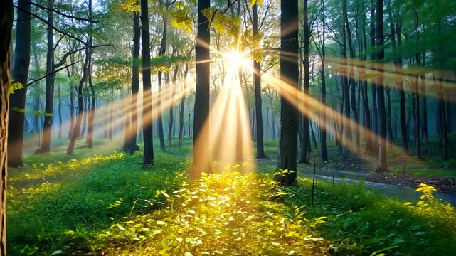 Sunlight filtering through a lush forest, illuminating the vibrant greenery and serene path