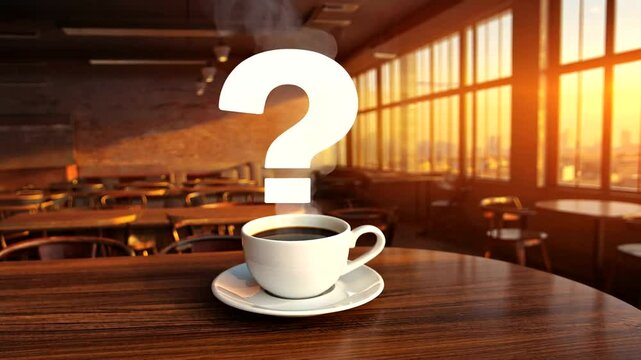 Steaming coffee cup on a wooden table in a cozy caf&eacute; during sunset with empty chairs