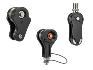 cable tensioner, three black pulleys with different designs and functional elements isolated on transparent background 