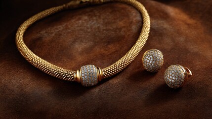 Italian jewelry set matching necklace bracelet and earrings in 18K gold high resolution product flatlay