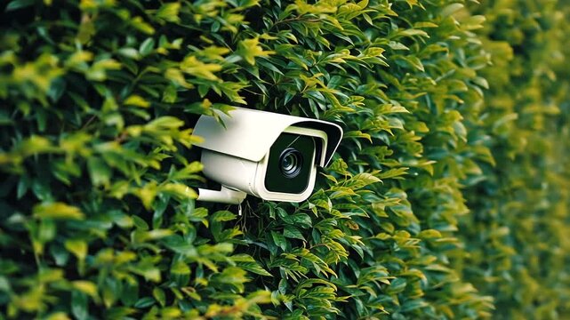 Surveillance camera mounted on a lush green hedge, ensuring security in a peaceful garden setting