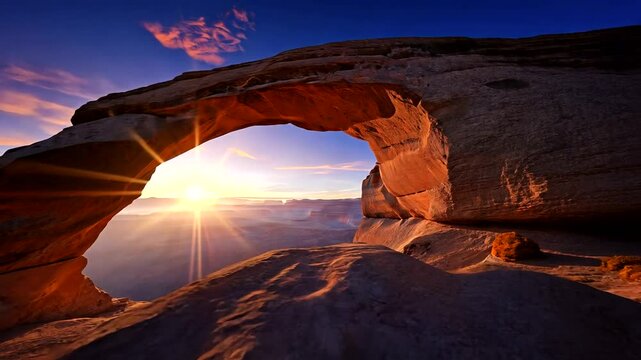 Sunrise illuminating a natural stone arch in a desert landscape, showcasing vibrant colors and shadows