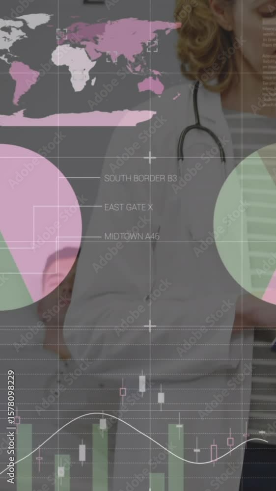 Poster animation of data processing over caucasian doctors with patient