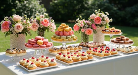 Elegant Dessert Table with Colorful Macarons, Mini Cakes, and Floral Decor