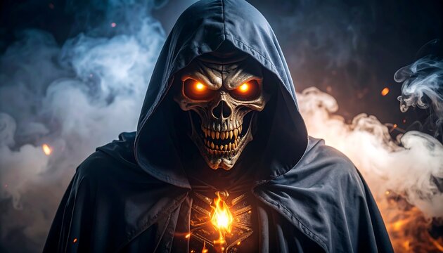 Dark figure with skull mask in hooded cloak