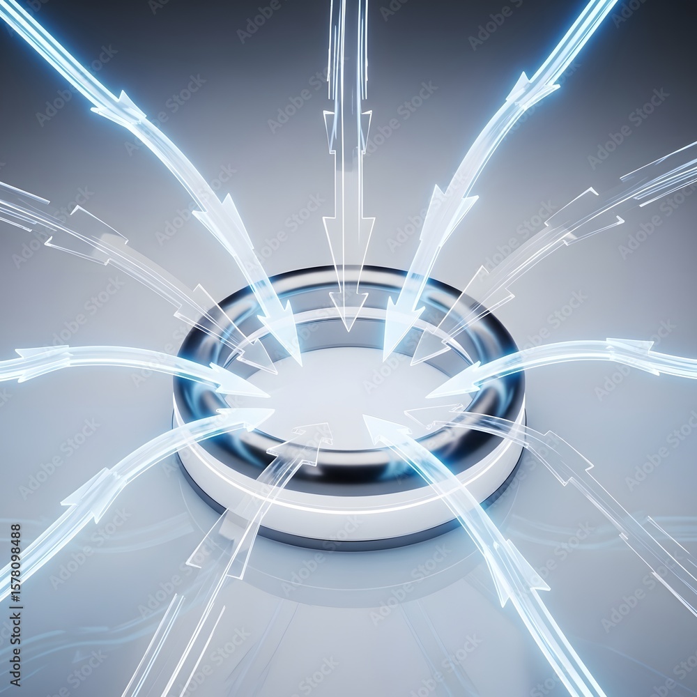 Poster digital abstract conceptual illustration of futuristic structure with blue arrows converging towards