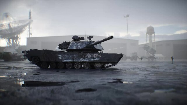 Military american base. American battle tank 4k animation.