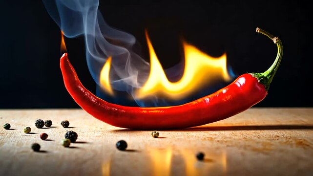 Vibrant red chili pepper with smoke and flames, set against a dark background with scattered peppercorns