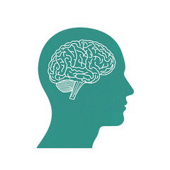 Teal human head profile showcasing a detailed brain illustration within.