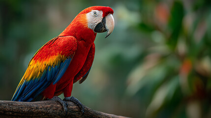Obraz premium A parrot (scarlet macaw) standing on a high jungle perch overlooking the canopy, wings slightly open, camera focused on feathers and beak, blurred tropical background, cinematic vibrant colors.