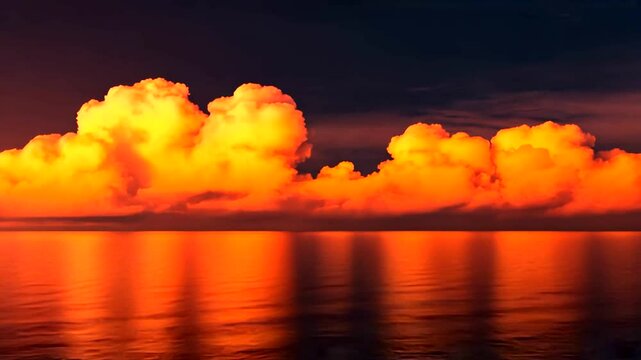 Vibrant sunset over calm ocean waters with dramatic clouds reflecting warm colors