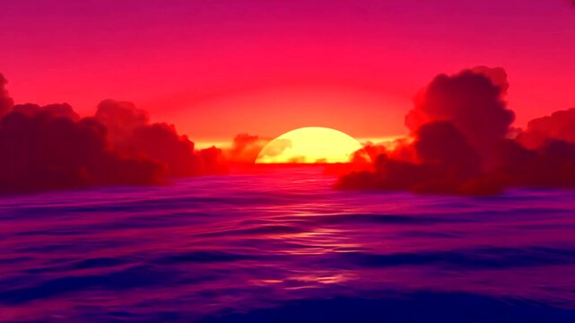 Vibrant sunset over tranquil ocean waters, with colorful clouds reflecting warm hues