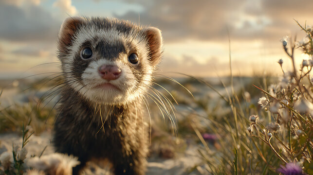 A ferret standing curiously on a grassy dune during sunset, camera close-up on face and whiskers, blurred horizon and wildflowers, cinematic golden tones and depth.