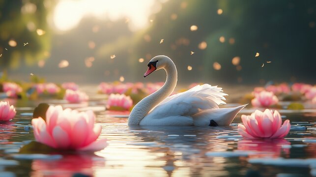 Swan in a serene pond filled with water lilies - Powered by Adobe