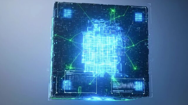 Futuristic digital cube with glowing circuits and data streams, representing technology and innovation