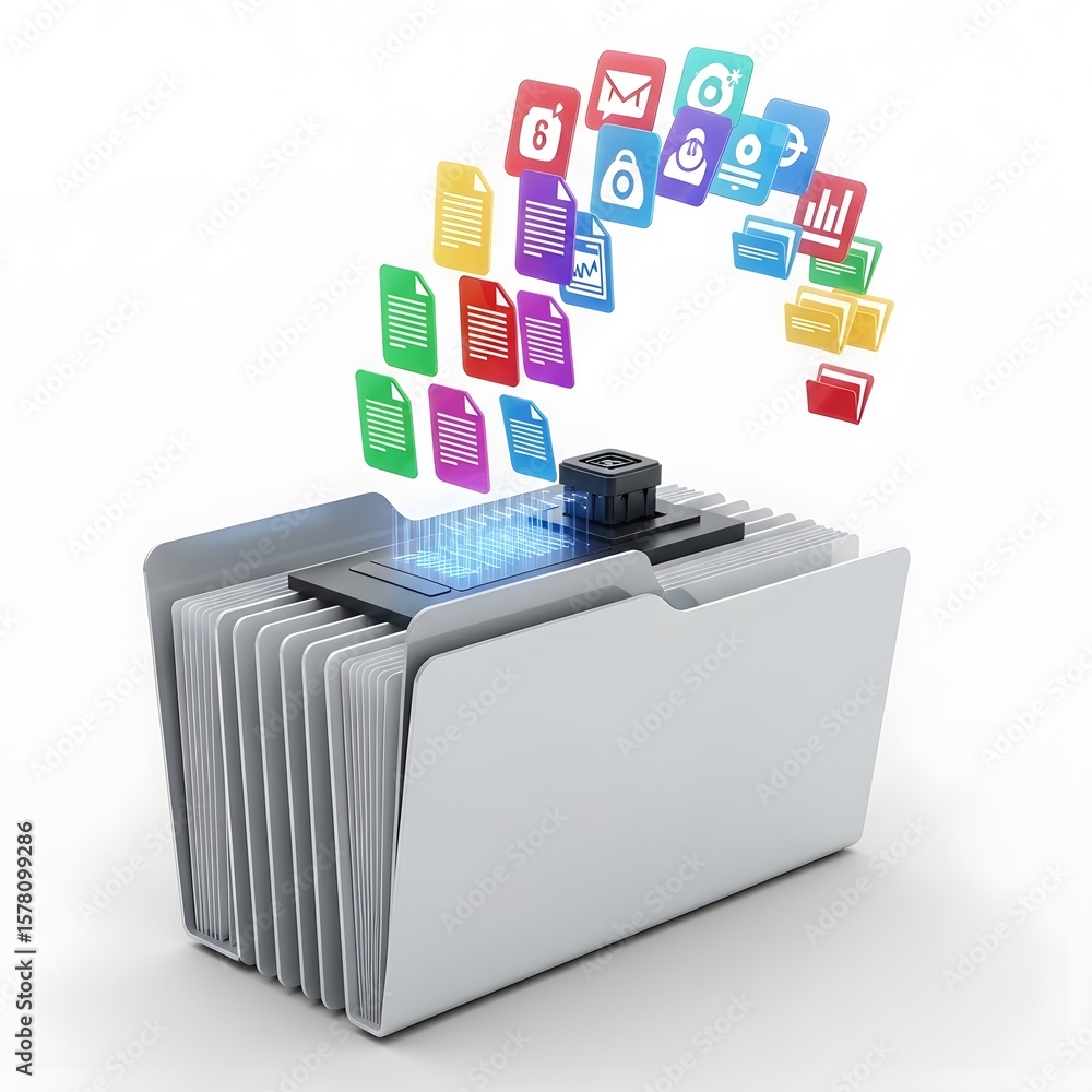 Poster digital file folder with floating icons on white background representing data transfer or cloud comp