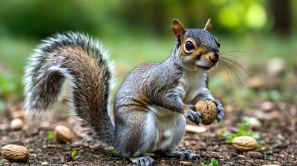 Obraz premium Gray squirrel holding a nut in a park.