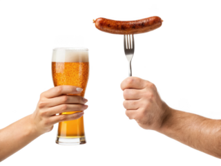 Two hands holding beer glasses and sausage on the fork isolated on a transparent background