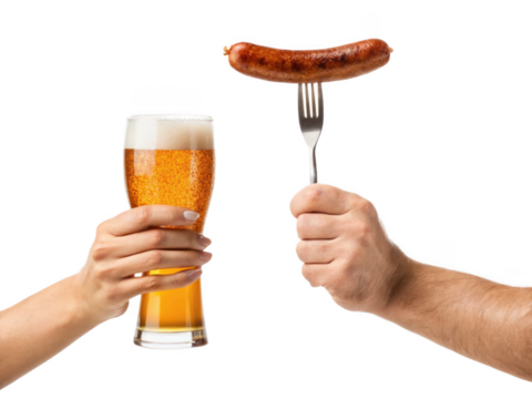 Two hands holding beer glasses and sausage on the fork isolated on a transparent background