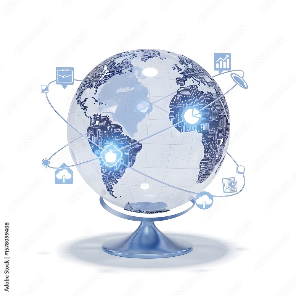 Poster digital globe depicting global network connections with data icons on white background