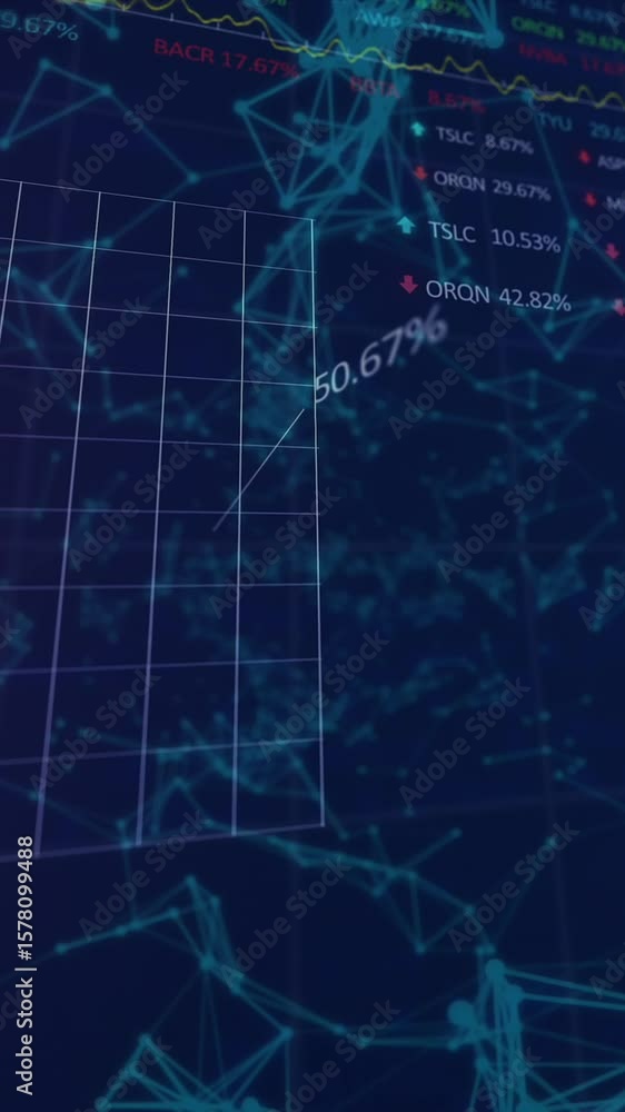 Poster animation of stock market data processing over network of connections against blue background