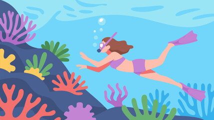 Vector SVG Illustration of Girl Snorkeling Underwater with Coral Reefs in Flat Modern Style with Bright Colors