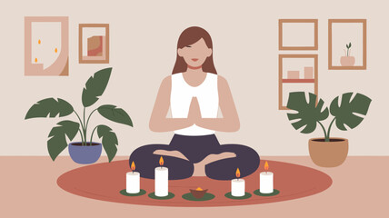 Minimalist Vector SVG Illustration of Woman Meditating with Candles and Plants in Flat Design Style