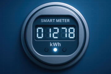 Smart meter device measuring energy consumption with digital display indicating financial growth in energy sector efficiency and usage trends