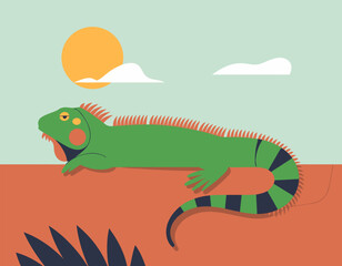 Naklejka premium Minimalist Vector SVG Illustration of Lizard with Sun and Clouds in Flat Style with Bright Colors