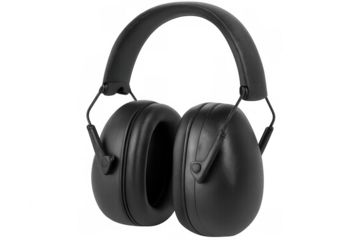 Studio shot of black ear defenders on transparent background, representing hearing protection and safety in noisy environments