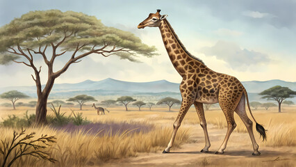 Fototapeta premium Beautiful giraffe walking through african savanna landscape wildlife animal illustration art painting