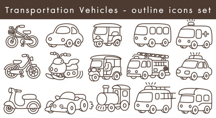 Transportation icons set includes outline style vehicles such as bike, car, scooter, ambulance, fire truck, and train in simple design