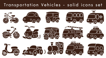 Transportation vehicle icons set includes solid style bicycle car bus ambulance motorcycle scooter fire truck train taxi and more