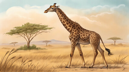 Obraz premium Giraffe illustration in african savanna landscape wildlife safari animal art print for kids room decor