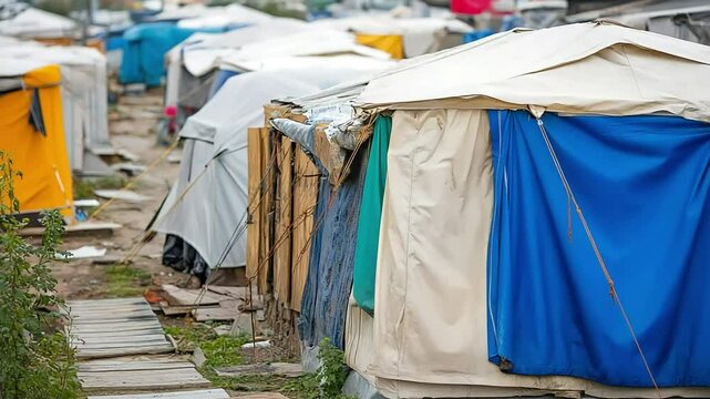 Rows of diverse temporary shelters stretch across a landscape, providing basic housing for displaced individuals.