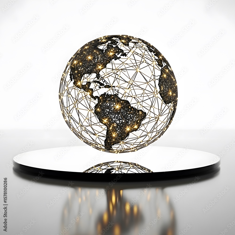 Poster digital rendering of a globe with golden connections and light nodes reflecting on a mirrored surfac