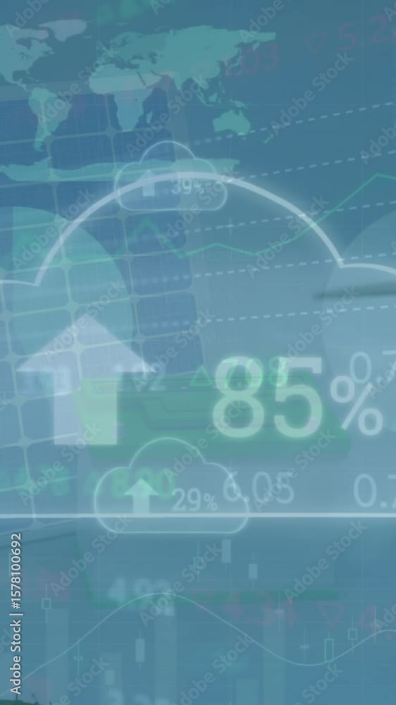Poster animation of clouds icons with percents over data processing and wind turbine