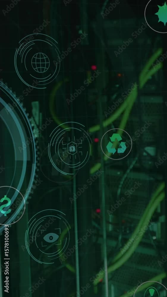 Poster animation of data protection text, fingerprint, shield and icons over server room in background