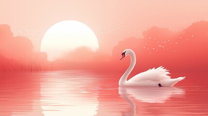 Naklejka premium Swan on a pinkish lake at sunrise