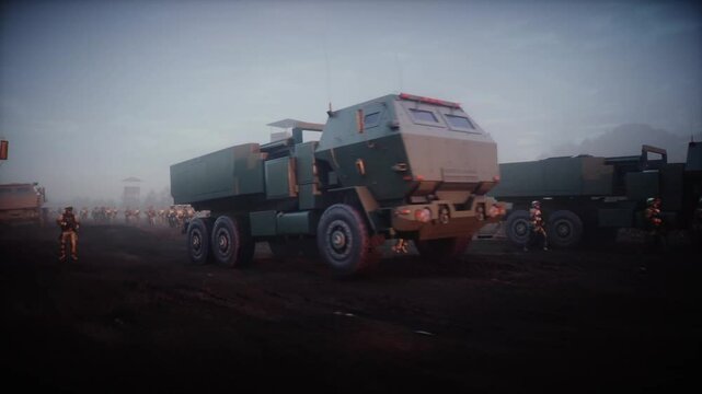 American High Mobility Artillery Rocket System in a ruined city.