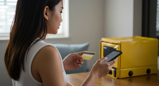 Woman using credit card and smartphone for online payment near yellow safe - Powered by Adobe