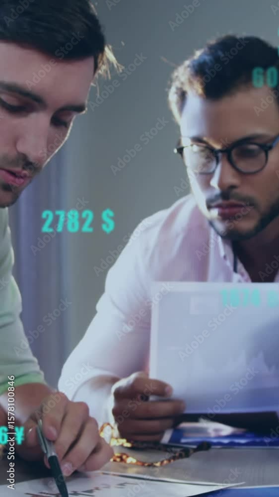 Poster animation of data processing over diverse businesspeople working and discussing together at office