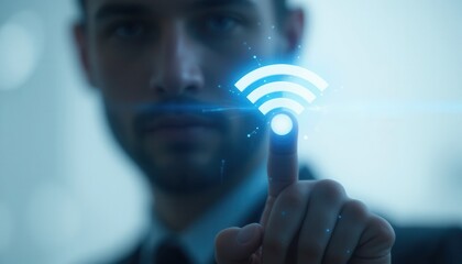 Connected man touching virtual interface symbolizing online access point
