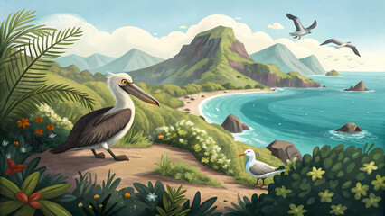 Pelican and seagulls cartoon illustration of a tropical beach landscape with mountains and ocean view