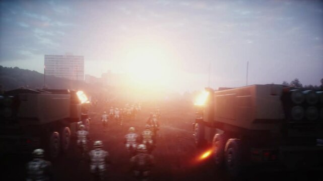 American High Mobility Artillery Rocket System in a ruined city.