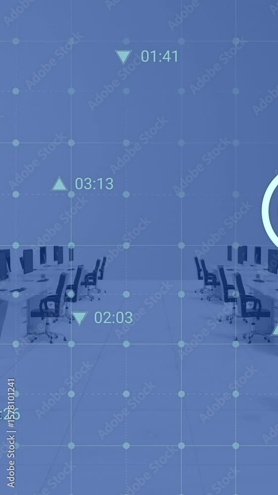 Poster animation of multiple digital icons over grid network against empty office