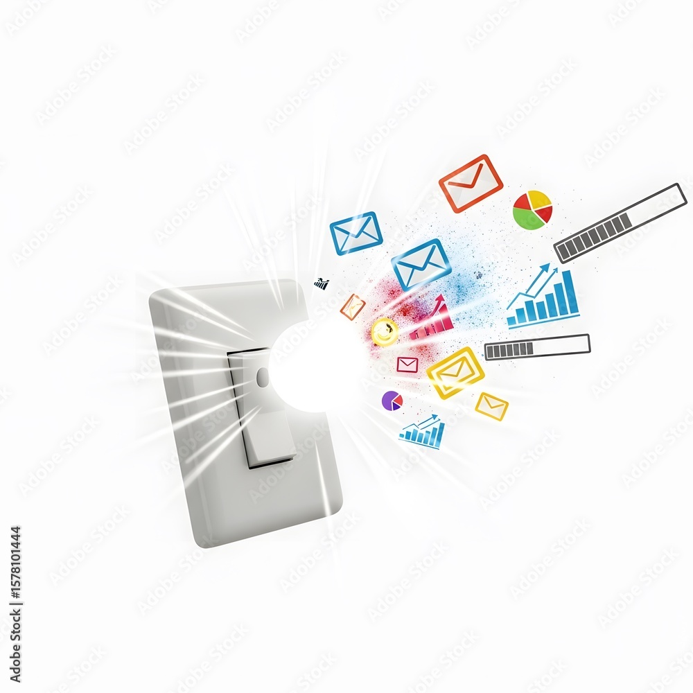 Poster electric switch bursting with communication and data icons against white backdrop